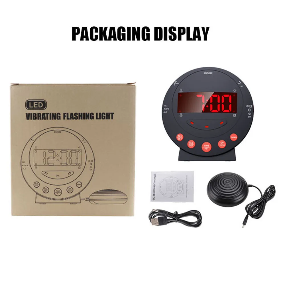 TS-BC600 Loud Vibrating Alarm Clock With Bed Shaker Flash Light Brightness Adjustable Black Dual Alarm Setting USB LED Display 5