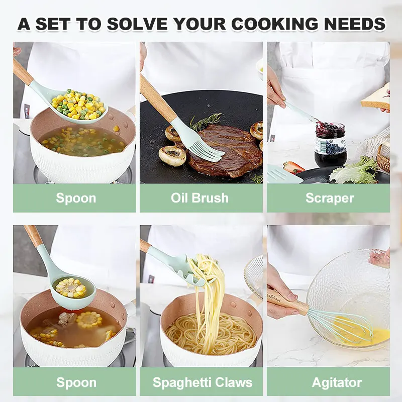 Silicone Kitchen Utensils Set Non-Stick Cookware Wooden Handle Spatula Egg Beaters Kitchenware Accessories