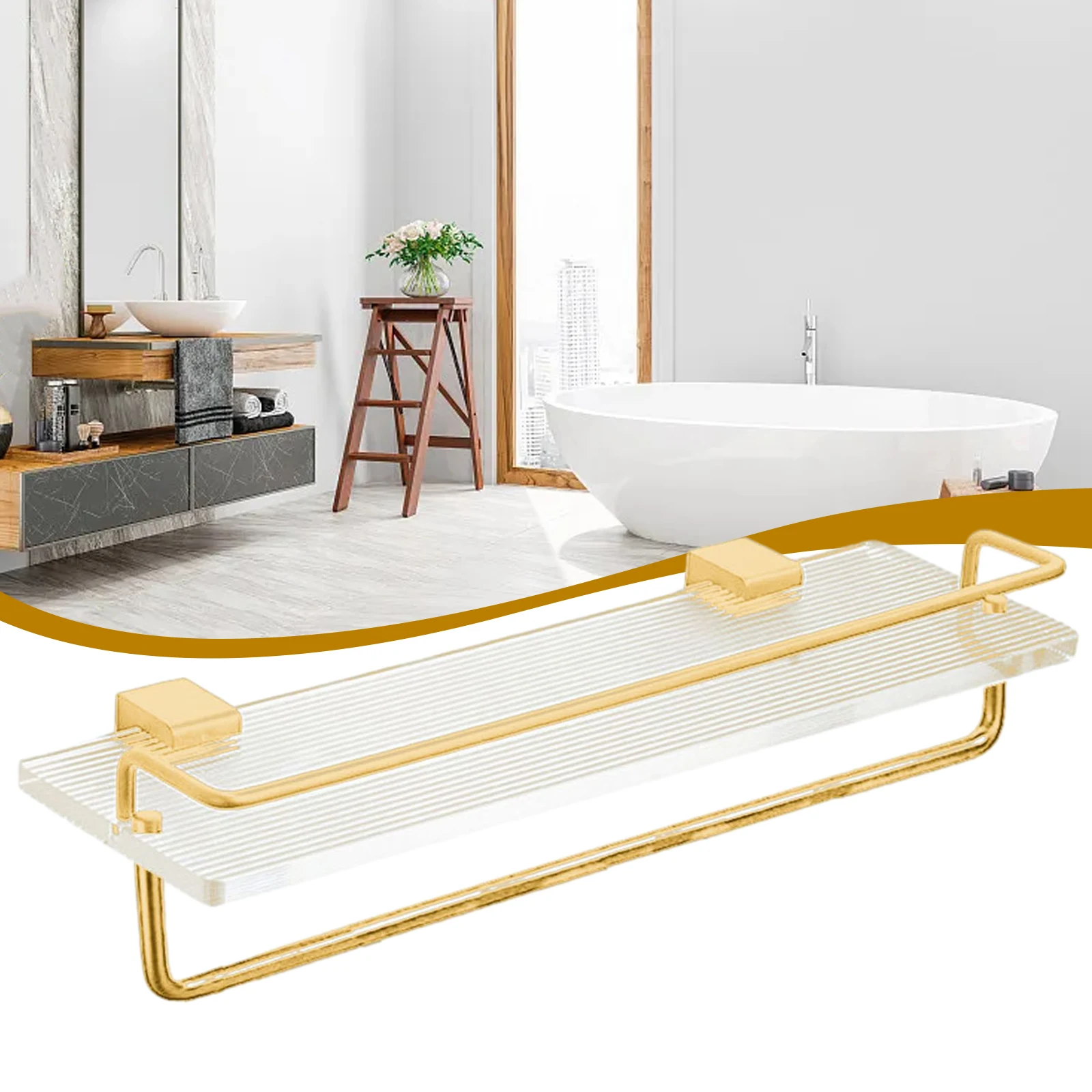 

1PCS Transparent Acrylic Bathroom Wall Mount Organizer Golden Bathroom Mirror Front Wall Hanging Space Aluminum Sink Shelf