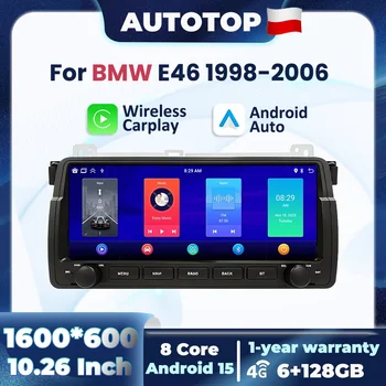 Radio para Auto con Android 15, CarPlay Inalámbrico y Android Auto, Pantalla de 10.26 Pulgadas 1600*600P, para BMW E46 M3 318 320 325 330 335 1998-2006, 4G, 8 Núcleos, BT, RDS, DSP, GPS, Navegación Estéreo Multimedia 1