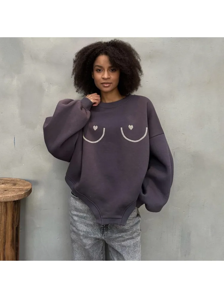 

2024 New Fashion Versatile Slim Sweater Autumn Women's Casual Outwear Chest Shape Funny Love Hot Diamond Pullover Tops Women