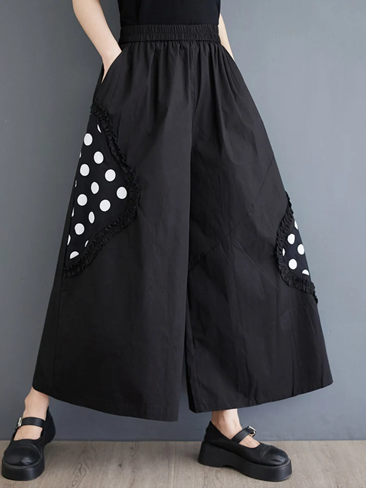 Black Vintage Polka Dot Print High Elastic Waist Wide Leg Pants Women 2025 Summer New Casual Loose Trousers Fashion Streetwear