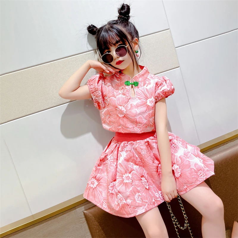 Fato de verão feminino Kawaii, bordado, tops curtos e saia tutu, roupas  infantis, flores cor de rosa, 4, 6, 7, 8, 9, 10, 12 anos - AliExpress