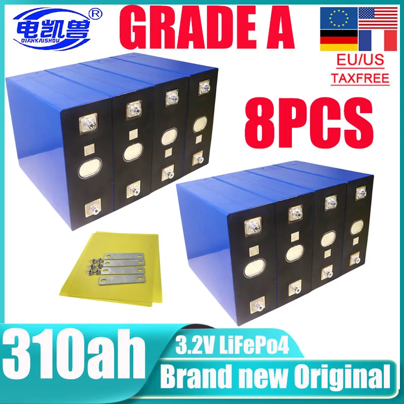 

8PCS 3.2V LiFePo4 Battery 310AH DIY 24V 48V Marine Household Energy Storage Large Capacity Rechargeable Battery Duty Free
