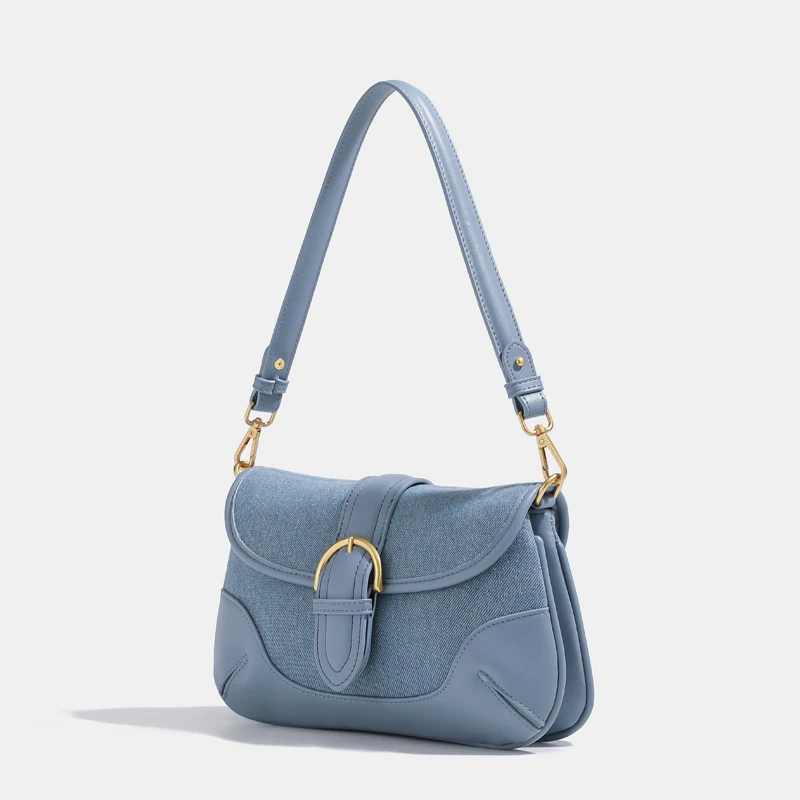 Bolso de hombro LinDeJuan estilo Inglaterra en tela vaquera con hebilla de cinturón