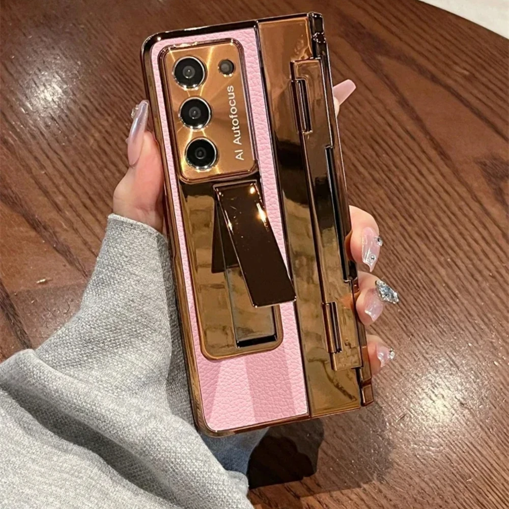 With Screen Protector Luxury Leather Case for Samsung Galaxy Z Fold 6 5 Fold4 Fold3 5G One-Piece Plating Stand Cover Gold | Gaffar India
