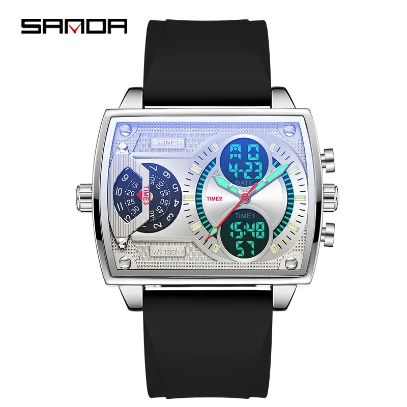 

Sanda 6032 Three Time Zones Date Day Function Analog Led Display Quartz Dgital Movement Waterproof Men Wrist Watch