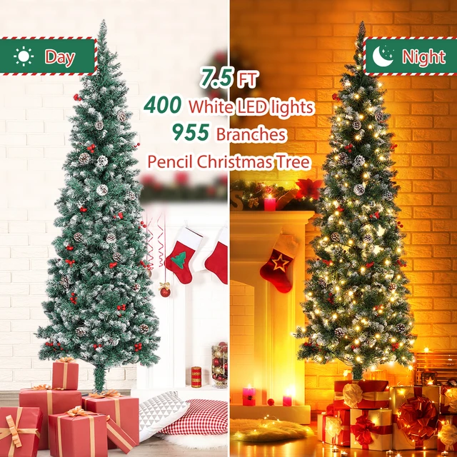 6/6.5/7.5 Ft Artificial TreePre-Decorated Pencil Christmas Tree Pre-Lit Holiday Tree PVC Flocked Frosted Tips Warm White Lights 3