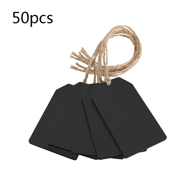 Set of 50 Black Slate Erasable Hanging Chalkboard Signs Tags Label with Jute String Wall Decor Wooden Chalkboard Signs