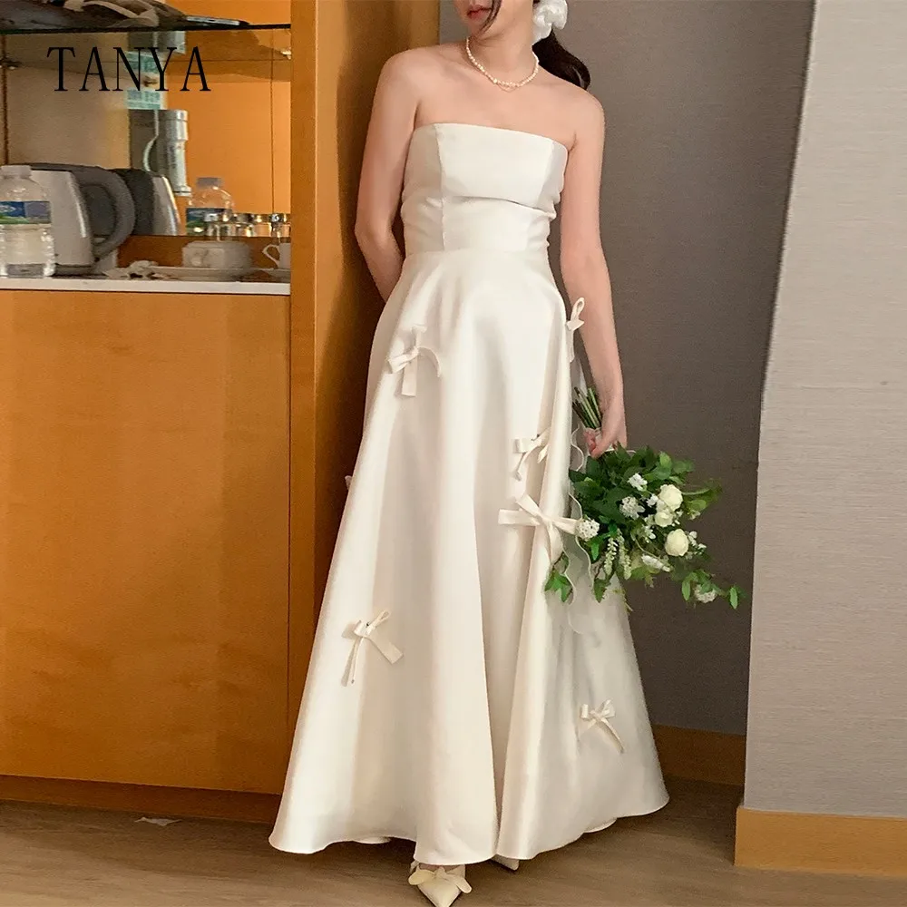 

Атласное свадебное платье TANYA без бретелек с бантом, элегантное ТРАПЕЦИЕВИДНОЕ свадебное платье на шнуровке сзади, простое платье длиной до щиколотки, фонарик, G4890