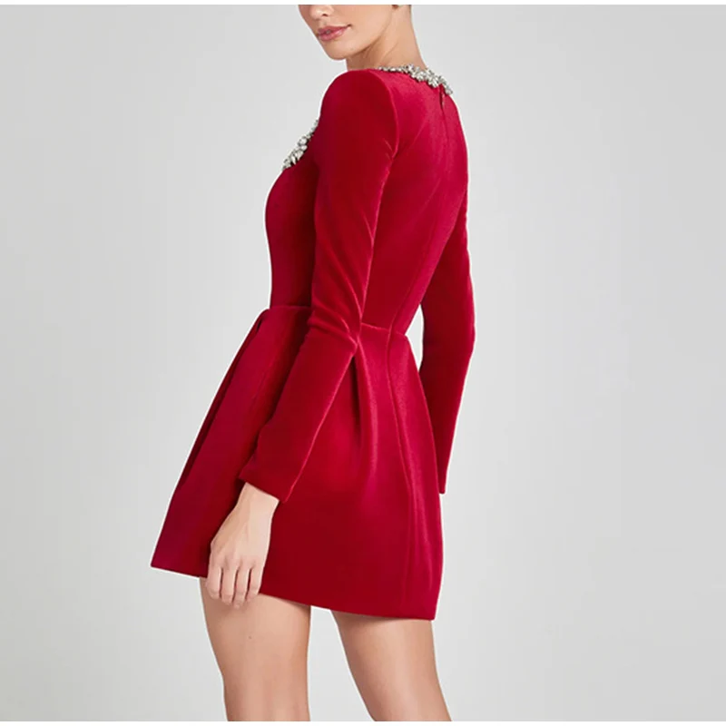 Elegant Rhinestone Decor Velvet Mini Dress Black Square Neck Long Sleeve High Waist A-line Dresses Lady Evening Party Gown
