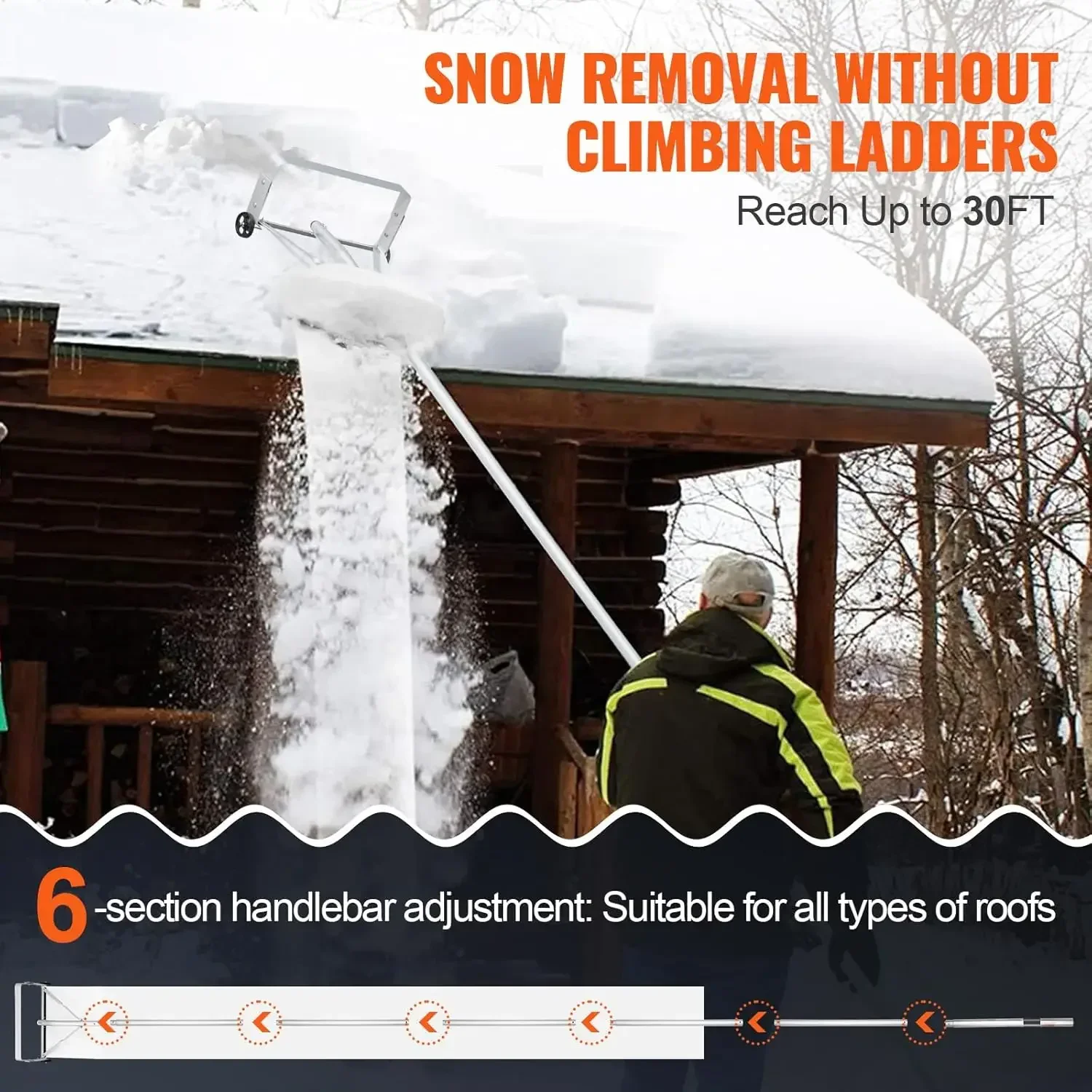 Snow Roof Rake, 30ft Reach Aluminium Roof Shovel with Slide Cloth, Premium 19" Blade Snow Removal Tool