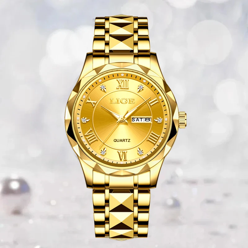 LIGE Ladies Wristwatch Luxury Waterproof Luminous Date Gold Watch For Women Dress Stainless Steel Quartz Women's Watches+Box