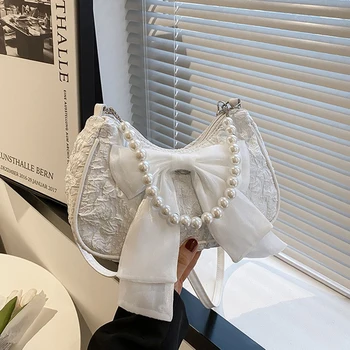 Borsa a Tracolla Hobo Bianca Testurizzata con Fiocco e Catena di Perle, Elegante Borsa a Tracolla in Raso con Fiocco per Uso Quotidiano e Feste da Donna