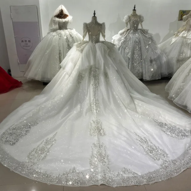 Jancember Luxury High Neck Women Wedding Dresses Bright Bridal Gown Mopping Length Long Sleeves Princess vestidos de novia XS51 2