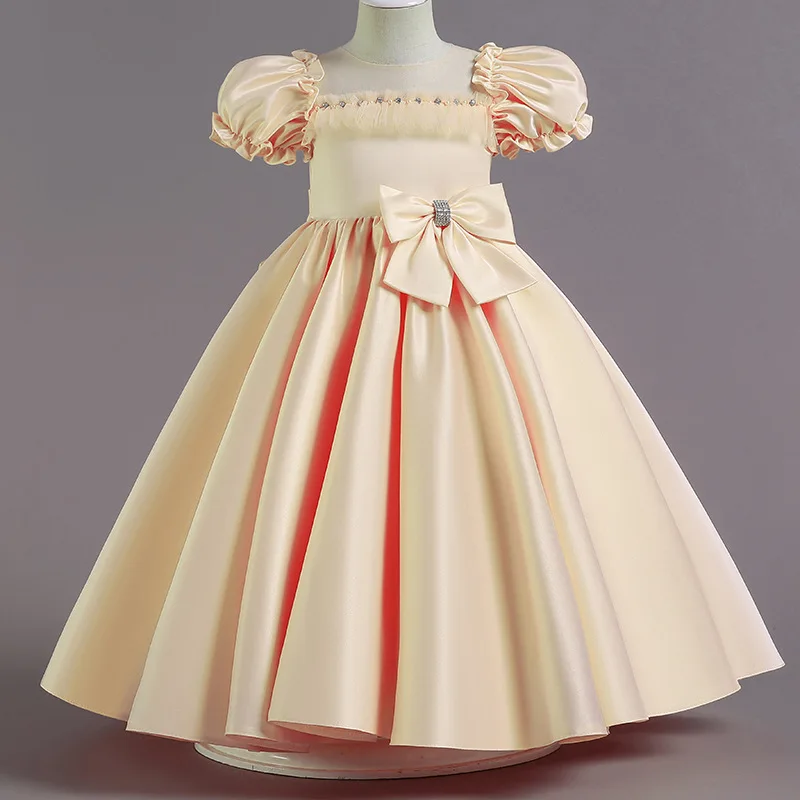 

Carnival Vestido 2022 New Children Puff Sleeve Evening Dresses Kids Satin Long Princess Dresses For Girls Bow Party Dress 4-12Y
