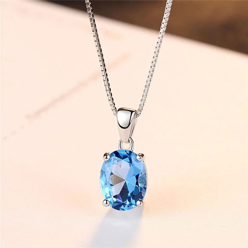 

Natural Blue Cubic Zirconia Topaz 925 Sterling Silver Pendant Necklace for Woman Gemstone Statement Jewelry With Chain Gift