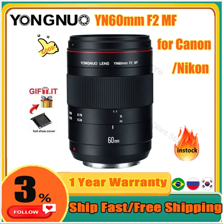 YONGNUO Macro Lens YN60mm F2 MF Abertura Tiro Lens Foco Distância Indicador Câmera lente para