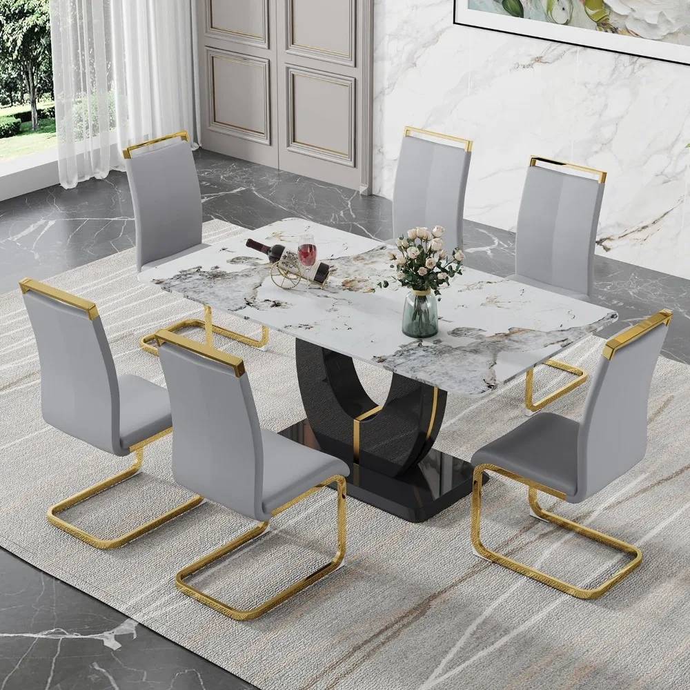 Modern Dining Table Set Rectangula Kitchen Table Set with Faux Marble Tabletop＆ Pu Leather Upholstered Chairs Ideal for  Kitchen 2