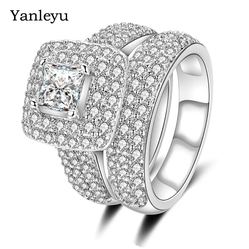 

Yanleyu Роскошные Винтажные Ювелирные изделия 2 шт. обручальные кольца набор из настоящего серебра 925 пробы AAAAA Цирконий обручальные парные кольца PR160