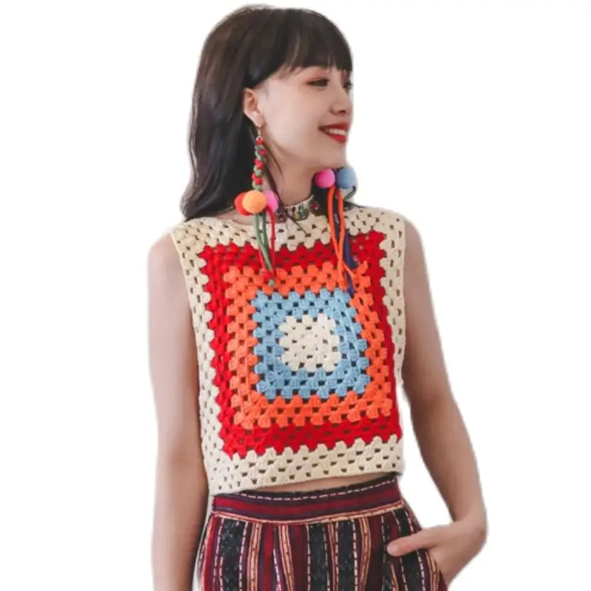 

Handmade Crochet Hollowed Girls Summer Tank Top Short Cut Contrast Color Fashion Girls Tops