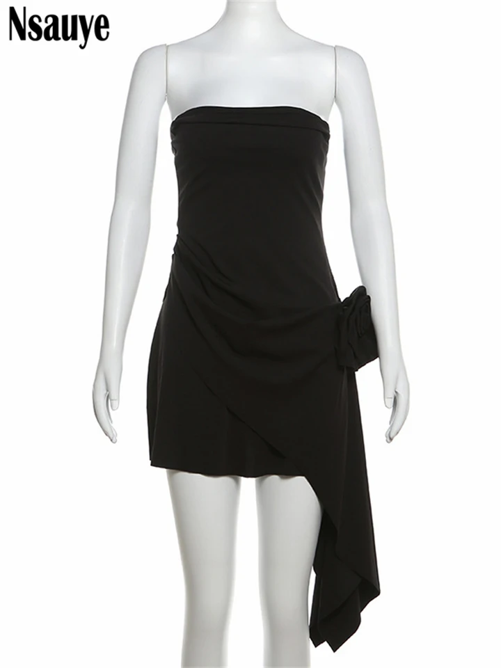 Minivestido Sin Tirantes Para Mujer | Fruncido En Espalda, Corte Acampanado | Tela Algodón Y Elastán, Talla S