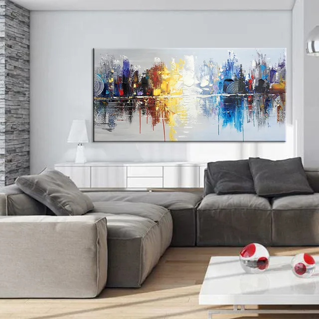 100% Hand Painted Oil Painting Cityscape Modern Oil Painting on Canvas Reflection Abstract Wall Art Handmade For Home Decoration