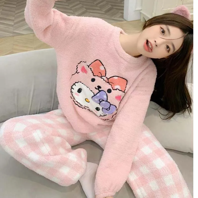 

Sanrio Hellokitty Cartoon Winter Plush Pajamas Embroidery Cute Round Neck Pajamas Set Household Clothes Warm Two-Piece Set