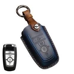 Premium Leather Car Key Case Cover & Keychain Holder (4 Button Blue)