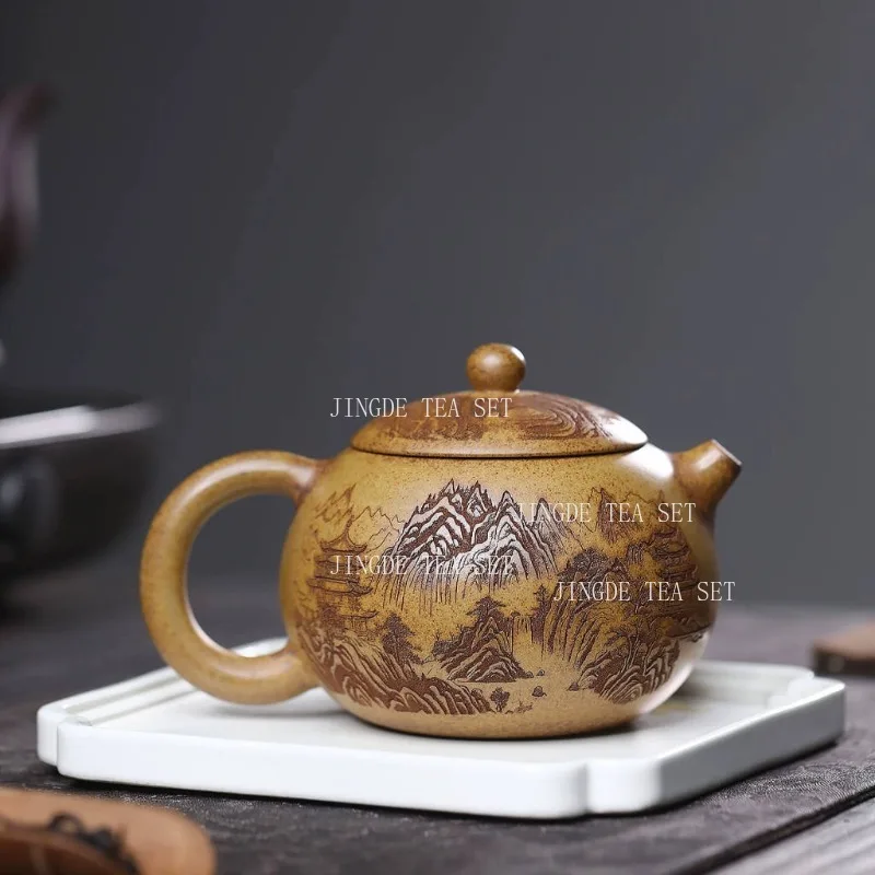 420ml Chinese Yixing Handmade Purple Clay Teapot Hand-carved Landscape Xishi Tea Pot Beauty Kettle Household Zisha Tea Set