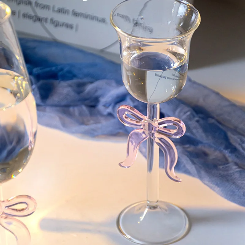 Glass Drinkware 1 Piece Elegant Pink Bowknot Red Wine Glass Goblet Champagne Flute Creative Celebrity Sparking Wine Glass Cup