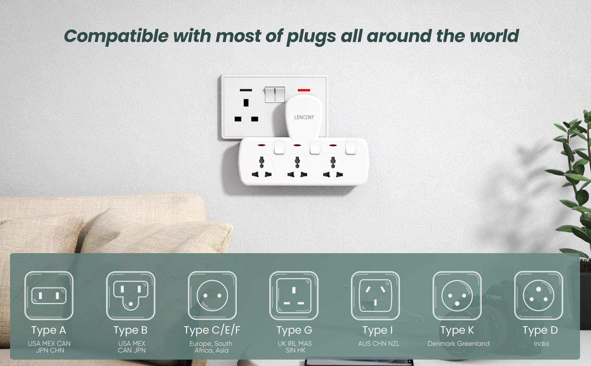 Power Strip Electrical Socket Extension Socket 3 Universal AC Outlets 13A 3250W with Switch for Home Office