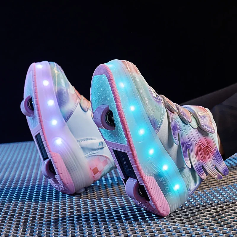Children Roller Skate Casual Sport Shoes Girls Boys LED Charging Luminous Wings Shoes USB Colorful Light Two Wheels roller skates