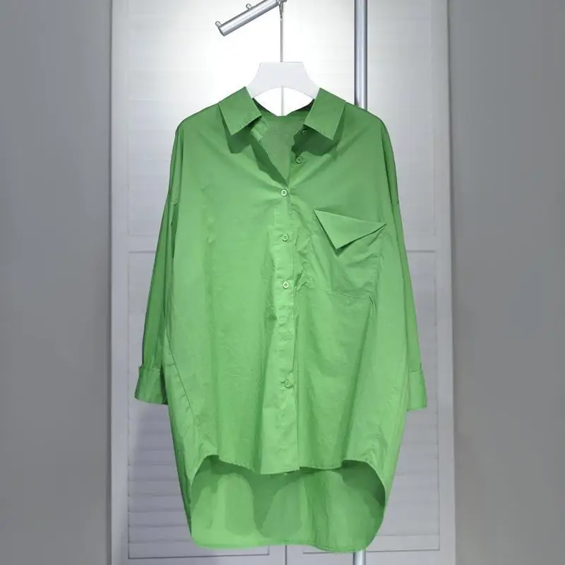 2024 Spring New Literary Large Size Loose Solid Color Polo Collar Long sleeved Shirt Women's Shirt Top