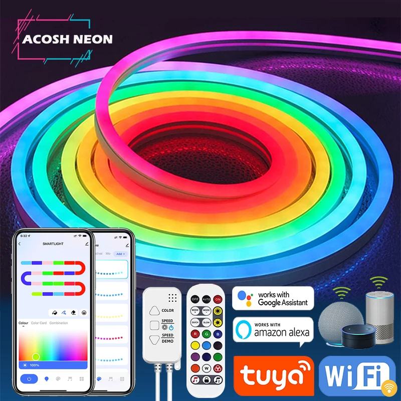 TUYA LED Strip Lights Wifi 12V RGBIC Neon Rope Lights With Music Sync Neon Led Lights for Room Gaming Room Decoration Alexa 10M led strip lights with 24 keys bluetooth app control tv background music sync tape for bedroom decoration smd5050 neon light dc5v