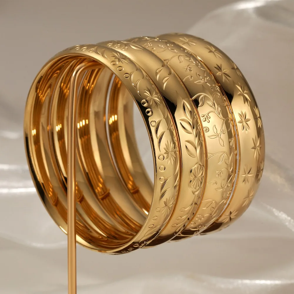 Retro Rock Printing 18K Gold Plated Bangle for Women Girls Waterproof Quality Stainless Steel Flower Bracelet Party Gift Jewelry