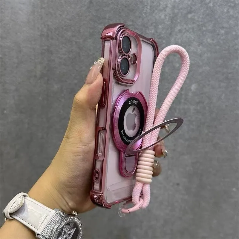 Shockproof Magnetic Bracket Phone Case with Lanyard and Plating Silicone Cover