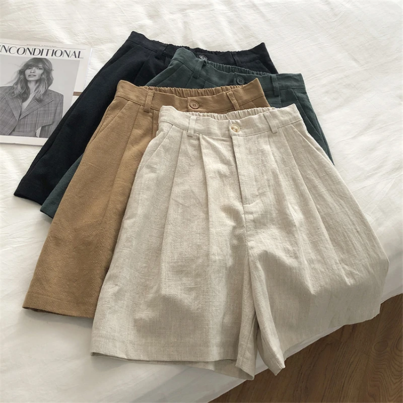 

Breathable Cotton Linen Shorts Japanese Retro High Waist Wide Leg Bermuda Shorts Suit Casual Summer Woman Loose J200