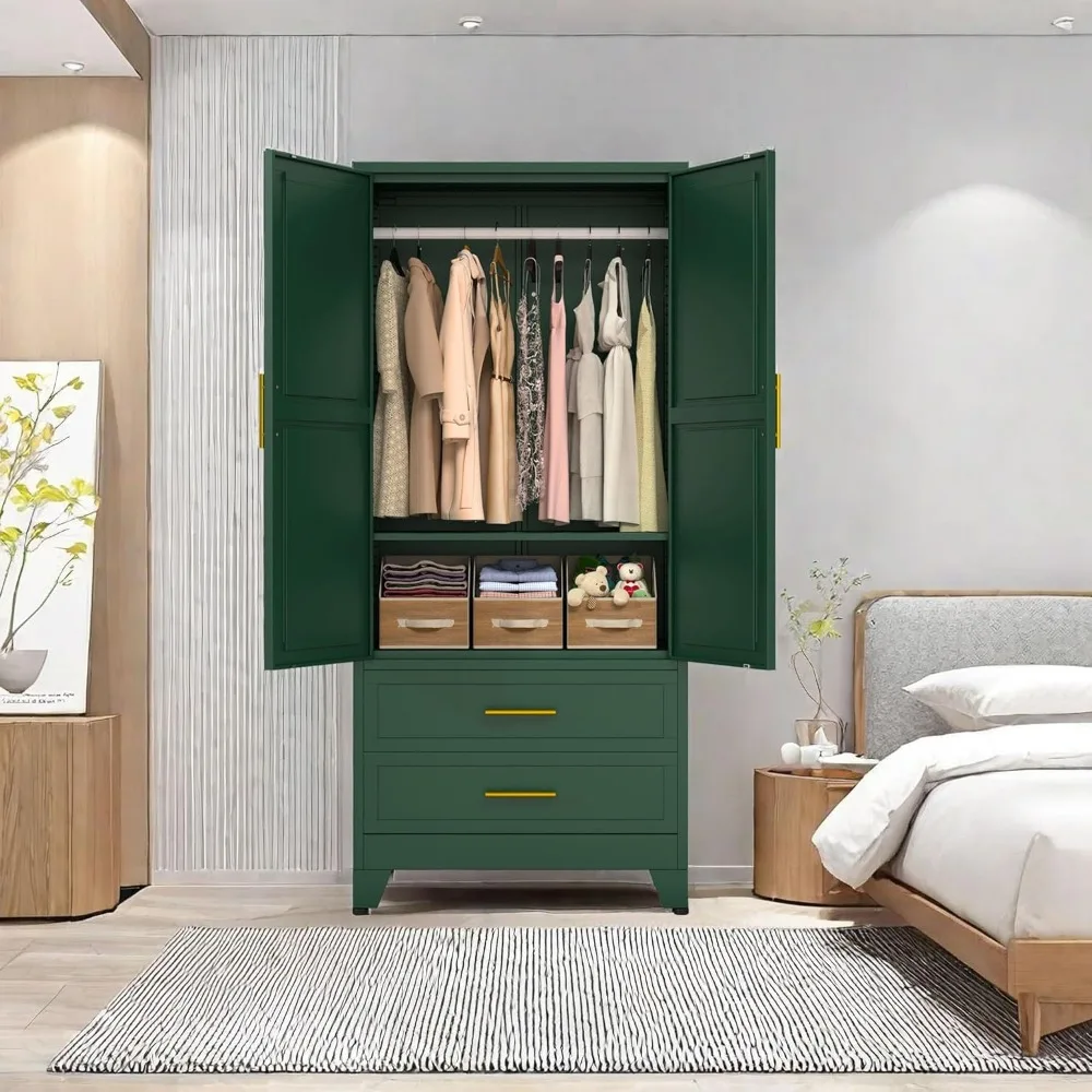 Metal Armoire Wardrobe Closet, Clothing Storage Cabinet with Hanging Rods and 2 Drawers, Household Closet Organizers 3