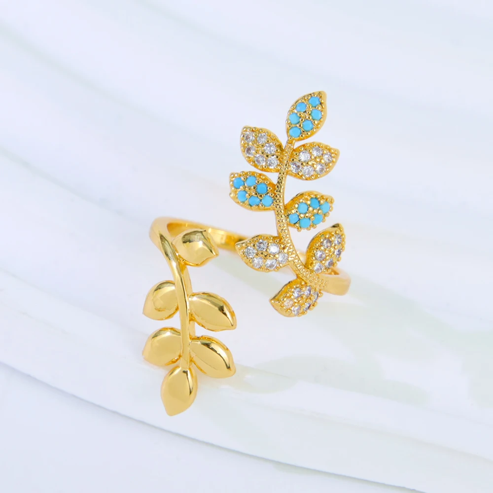 Luxuriöser italienischer Goldfarbener Ring in Blattform, 21 Karat vergoldet, Dubai, eleganter Zirkon-Cocktailring, Saudi-Frauen-Event-Party-Schmuck – Detail 6