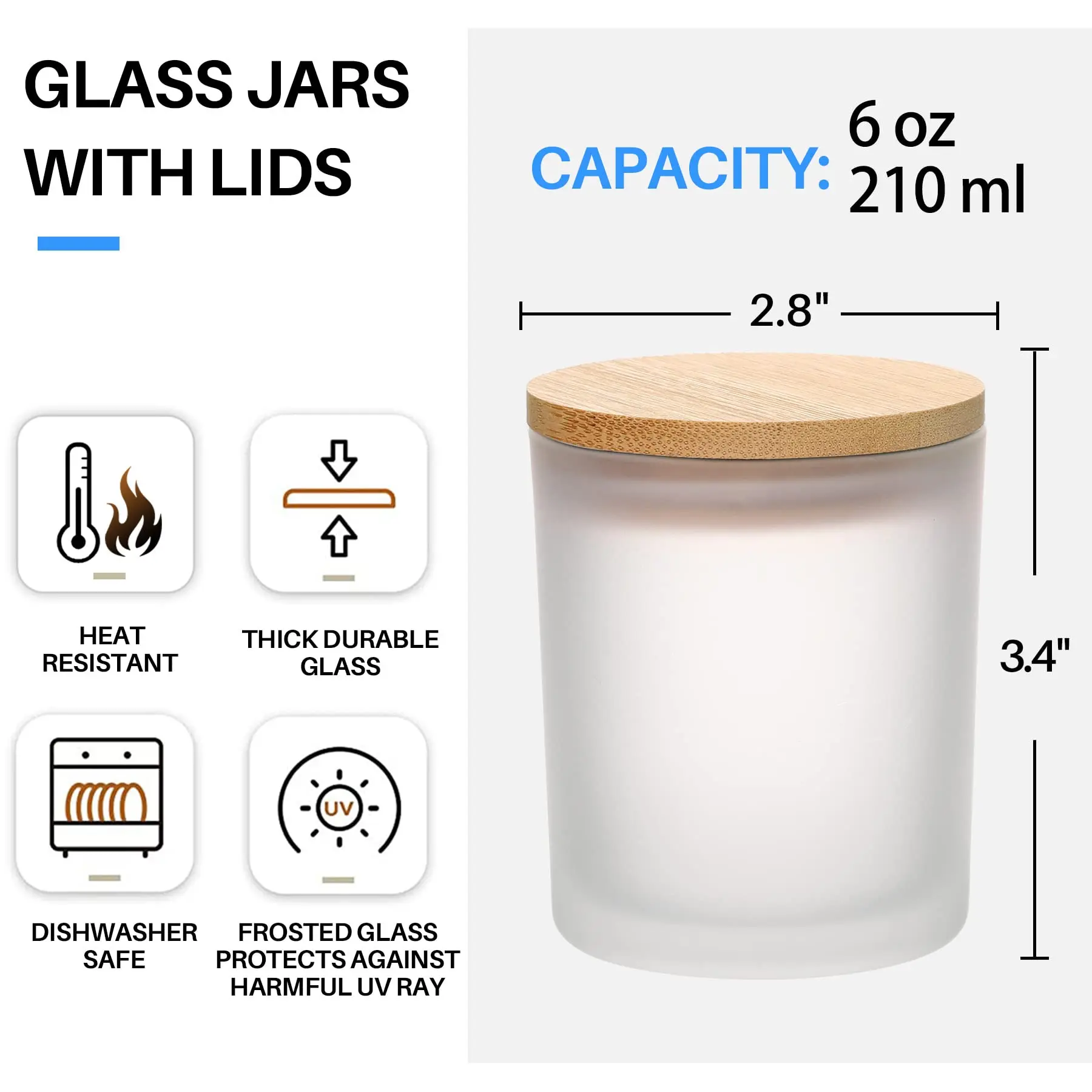 Set 6 Barattoli Vetro Per Candele 200ml Con Coperchio In Bambù - Contenitori Vuoti Per Candele Fai Da Te E Conservazione - Grigio - 2