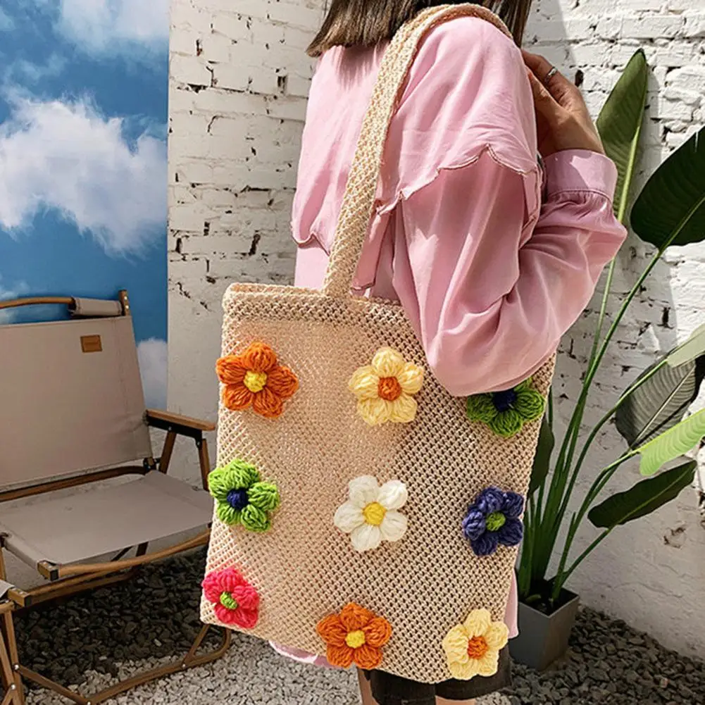 Bright Color Women Shoulder Bag Crochet Flower Large Capacity Women Handbag Hand Woven Colorful Hollow Out Tote Bag For Outdoor