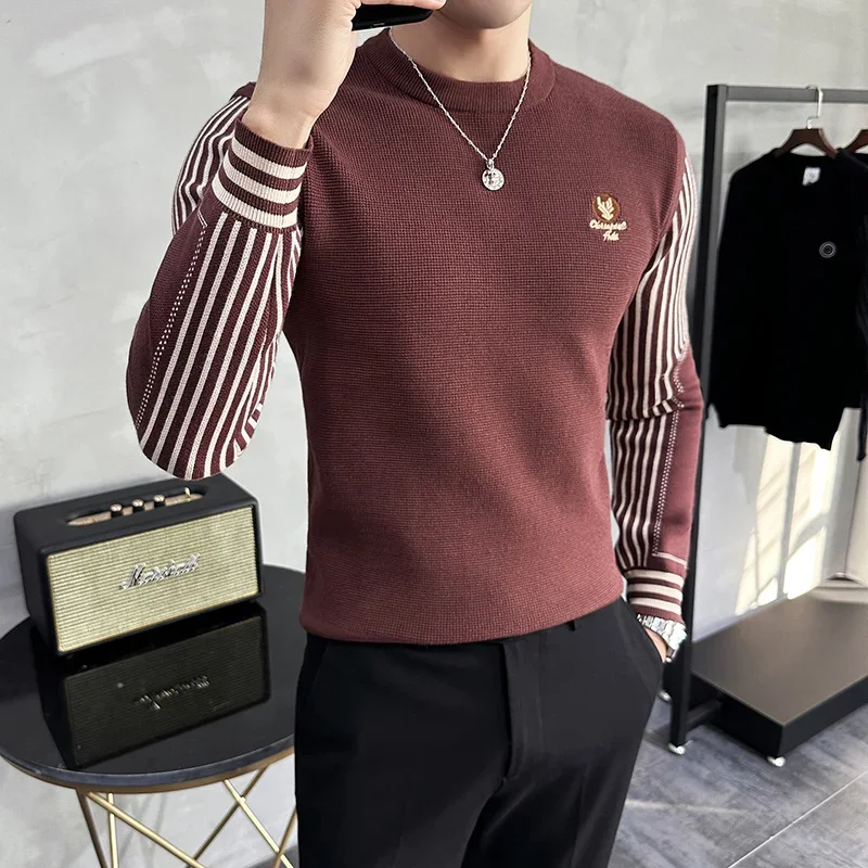 Autumn/Winter Knitted Sweater for Men Stripe Stitching Long Sleeve Slim Casual Knitted Pullovers Round Neck Bottoming Shirt 2023
