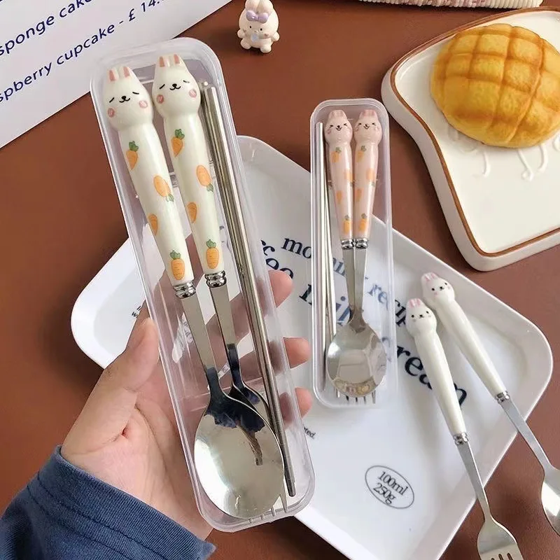 Tableware Set Spoon Fork Chopstick Cute Rabbit Student Portable Dinnerware Camping Travel Cutlery Sets with Box