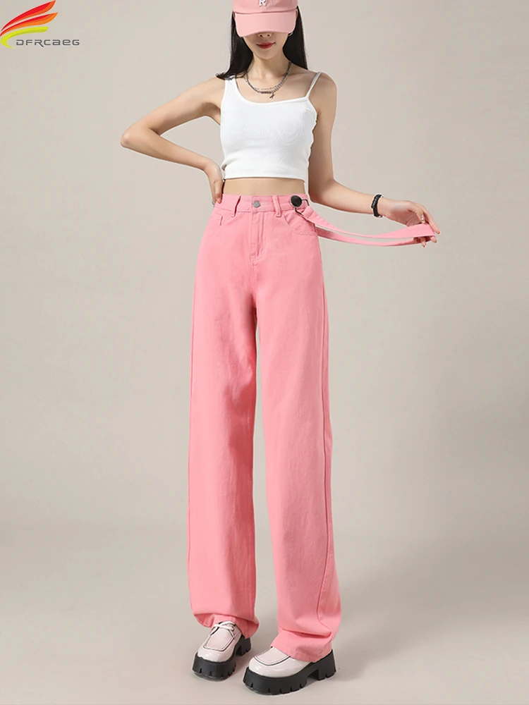 

DFRCAEG 2022 Summer Pink Denim Pants Women With Belt High Waist Pockets Full Length Ladies Wide Leg Jeans Trousers Hot Sale