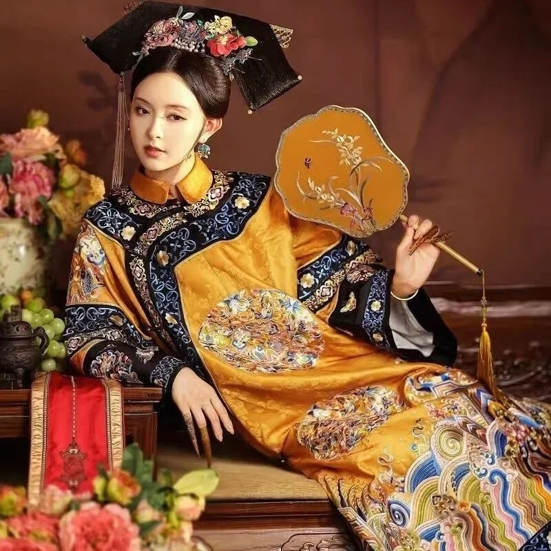 Chinese Women Qipao Dress Qing Dynasty Style Stand Up Collar Long Sleeved Printed Cheongsam Girl Traditional Costumes