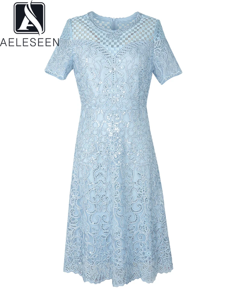 

AELESEEN 2023 Spring Summer Women Runway Fashion Dress Blue Flower Embroidery Sequined Midi Elegant Long Party Vacation