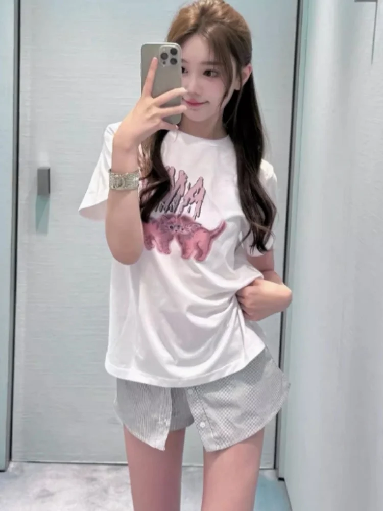 코튼 투 캣 프린트 O넥 반팔 티셔츠, Y2k 티셔츠, 여름, 럭셔리 브랜드 디자이너, 여성 상의, 패션 의류, 빈티지