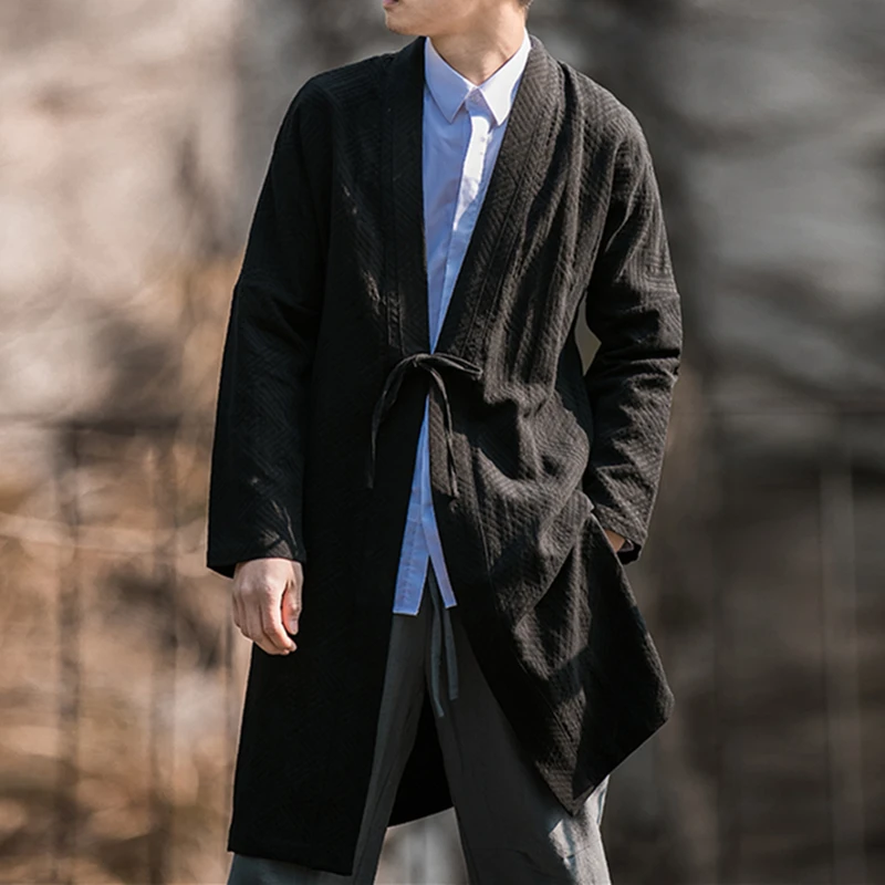 Men Chinese Traditional Dress Medium Length Coat Cotton Linen Windbreaker
