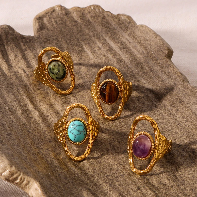 PRISCA | Offener Ring aus Naturstein für Damen. Edelstahl. Charms Handschmuck. Einstellbar. Neu – Detail 1